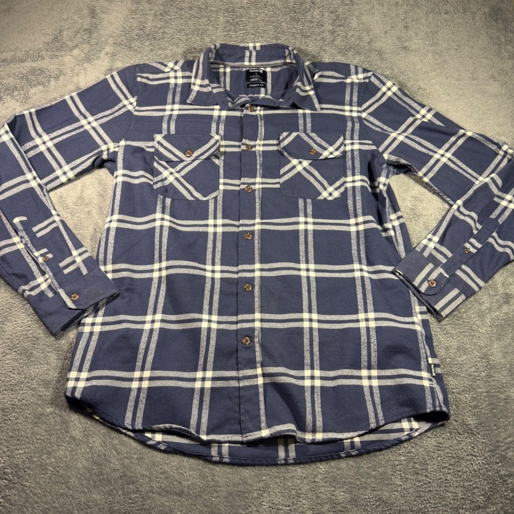 Hurley Mens‎ Blue White Plaid Nike Dri-FIT Classic Fit Button Down Shirt Large